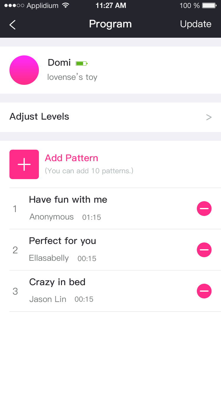 Il-screenshot tal-applikazzjoni Remote Lovense sa 10 mudelli ta 'programmazzjoni